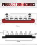Dimensions of Heavy Duty 12 Volt Bus Bar Power Distribution Block With Six Sixteenth Inch Terminal Studs M8, Handles Up To 48V DC And 250A