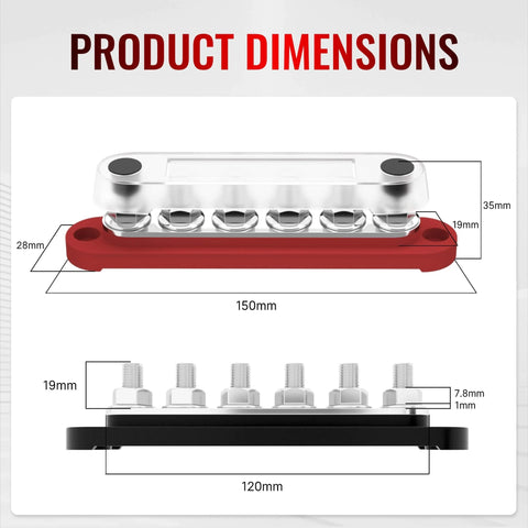 Dimensions of Heavy Duty 12 Volt Bus Bar Power Distribution Block With Six Sixteenth Inch Terminal Studs M8, Handles Up To 48V DC And 250A