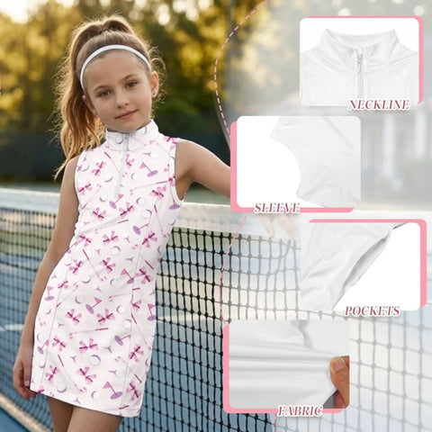 Pink Girls Athletic Dress With UPF 50 Plus Sun Shield, Matching Hat, Two Side Pockets, Bow Accent, Sleeveless Golf And Tennis Gear