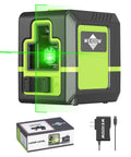 Laser Level Pro Grade With Green Cross Line For Easy DIY Interior Decorating And Quick Vertical And Horizontal Measurement 1200mAh Rechargeable Battery Delivers 10 Hour Standby Time, showing device with charger and packaging