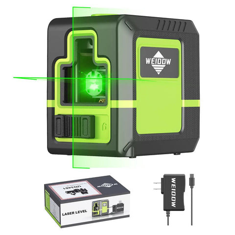 Laser Level Pro Grade With Green Cross Line For Easy DIY Interior Decorating And Quick Vertical And Horizontal Measurement 1200mAh Rechargeable Battery Delivers 10 Hour Standby Time, showing device with charger and packaging