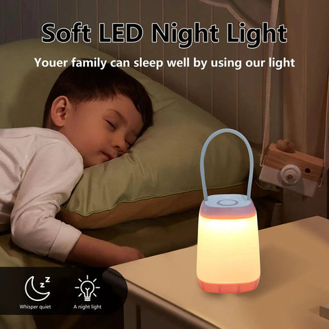 Child sleeping with 3 Pack LED Camping Light With 3 Modes Battery Powered Night Light For Indoor And Outdoor Use on bedside table.