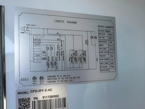 Circuit diagram for Straight Up Solid Workhorse Three Door Commercial Reach In Freezer, 72 Cubic Foot, detailing electrical specs.