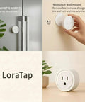 Mini Remote Control Outlet Plug Adapter With 656ft Range Wireless Light Switch for household appliances on table and fridge mount.