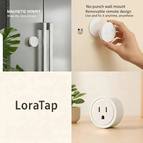 Mini Remote Control Outlet Plug Adapter With 656ft Range Wireless Light Switch for household appliances on table and fridge mount.