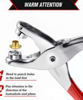301 Pcs Grommet Eyelet Pliers Tool Kit With 300 Metal Eyelets, red-handled pliers inserting gold finish metal eyelet.