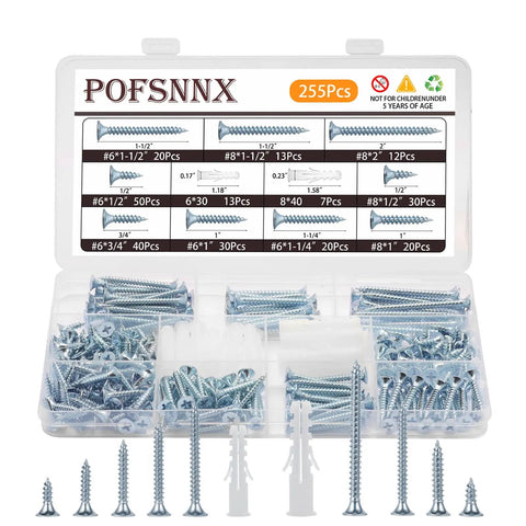 255 Piece High Hardness Wood Screws Kit With Nine Sizes From Half Inch To Two Inch Includes Size 6 And Size 8 Phillips Flat Head Screws