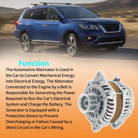12V 150A Alternator Replacement For Infiniti JX35 QX60 Murano Pathfinder on orange background with SUV