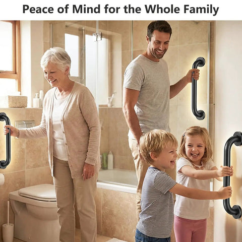 Rock Solid Heavy Duty Hand Rail Stays Secure Zero Hassle wall mount safety grip bar in bathroom with family using it.