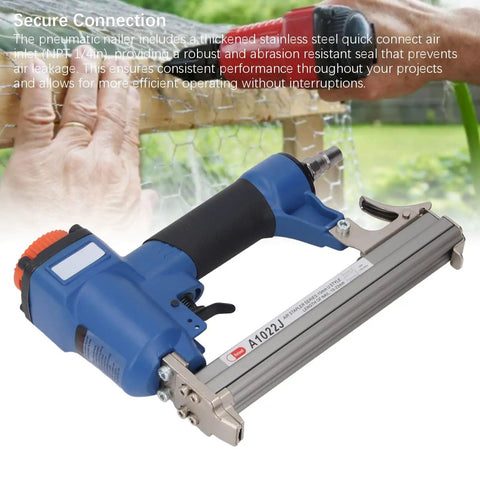Professional Pneumatic Brad Nailer Built Knockout Tough For Woodworking Jobs holds 100 nails, shows quick connect air inlet detail.