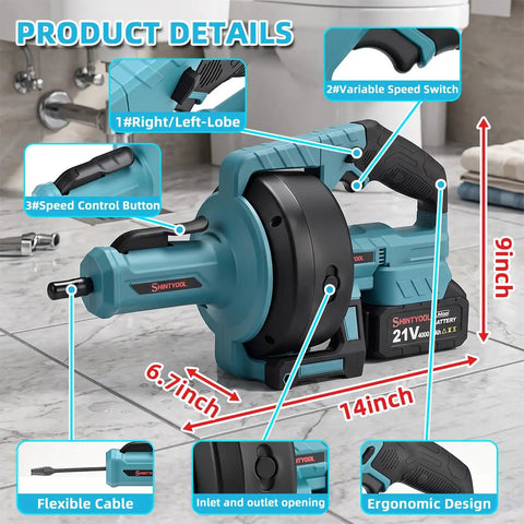 Superb Cordless Drain Auger And Tough Pipe Snake Bundled With A Fast 21V Lithium Battery And Charger for easy kitchen and bath drain clearing