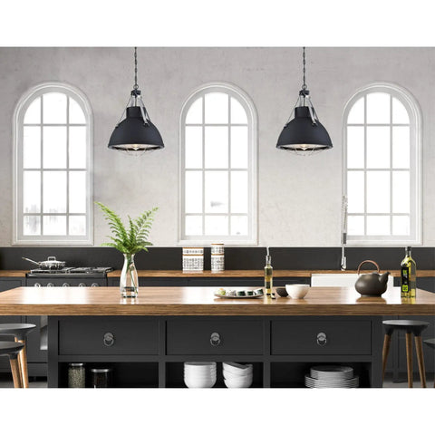 Kitchen with Bartley Vintage-Style One-Light Indoor Pendant Light With Matte Black Finish, matte black pendant lighting