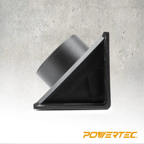 Side view of a black ABS plastic Router Table Dust Port 2.5 Inch ID And 6.5 Inch Dust Collection Adapter for table fences.