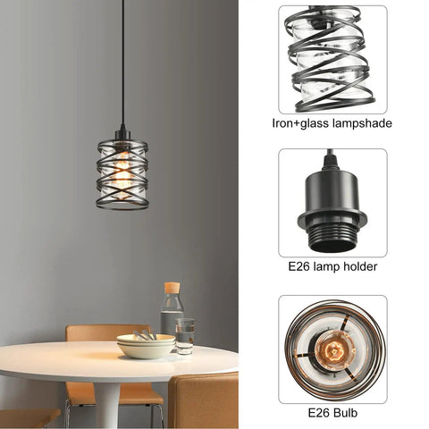 Killer Three Pack Pendant Lights For Kitchen Island And Dining Table Matte Black Spiral Cage With Clear Glass Shades Top Shelf Modern Hanging Lamps, single pendant view with iron and glass lampshade.