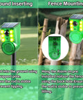 Solar Outdoor Motion Sensor Alarm With Ultrasonic Detection 129dB Siren Strobe Light For Home Villa Yard Farm Barn Chicken Coop 5 Adjustable Modes Day And Night Security System mounted on pole and fence
