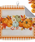 Autumn Thanksgiving Dish Drying Mat Must Have For Kitchen Counter Orange Pumpkin Pattern With Sage Green Wood Grain Finish 18 X 24 Inches Absorbent Microfiber Cushioned Pad For Dishes Glassware Utensils Machine Washable with orange checkered border and fall leaves
