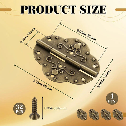 Antique Bronze Butterfly Cabinet Hinges With Mounting Screws For Wood Boxes And Jewelry Boxes, size dimensions shown.
