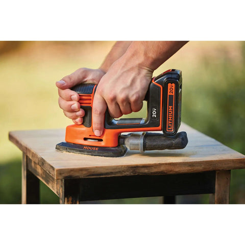 Person using 20V Max Sheet Sander With 12,000 OPM For Fast Material Removal, Detail Finger Attachment For Tight Surfaces on wood