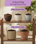 Orchid Potting Mix With Superior Aeration And Drainage For Thriving Orchids Peat Free Microbially Active Biochar Powered Soil For Orchid Plants Ideal For Indoor Gardening 4 Quarts in three 6-inch and two 8-inch pots on a wooden shelf.