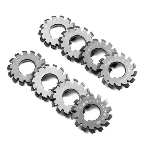 PA14 14.5 Degree Involute Gear Cutter Set With 22mm Bore And R8 Shank Milling Arbor Holder, Eight Piece No. 1 Through No. 8 High Speed Steel Gear Cutters