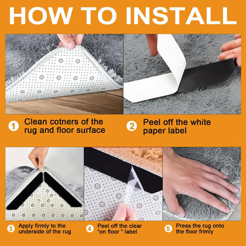 Step-by-step guide for installing Eight Pack Double Sided Rug Tape For Hardwood Floors And Tile, showing application process.