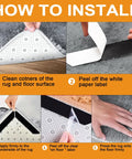 Instructions for using 4 Pack Double-Sided Rug Tape For Hardwood Floors And Tile with steps on how to install and secure rugs.