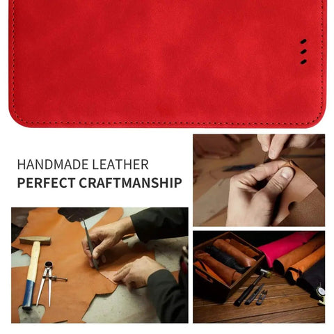 Red leather product with craftsmanship tools and materials, showcasing the handmade detail and quality of leatherwork.