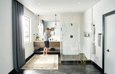 Modern bathroom with Dope Matte Black Double Swivel Robe Hook from Align Collection on wall near shower