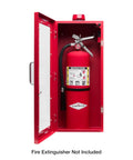 Red Wall Mount Fire Extinguisher Cabinet With Alarm And Lock And Clear Acrylic Break Glass Window Durable Metal Box That Fits 2.5 5 And 10 Pound Extinguishers For Quick Access Safety, showing open cabinet with red fire extinguisher inside.