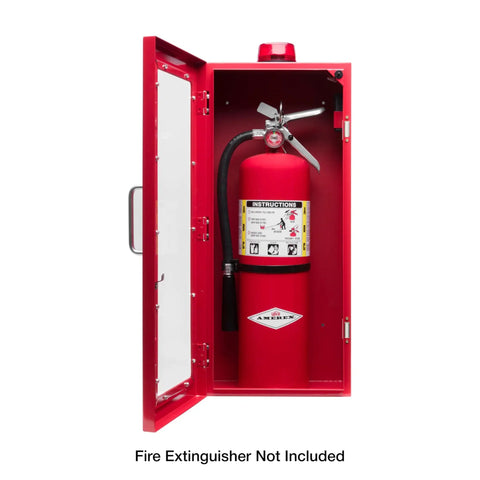 Red Wall Mount Fire Extinguisher Cabinet With Alarm And Lock And Clear Acrylic Break Glass Window Durable Metal Box That Fits 2.5 5 And 10 Pound Extinguishers For Quick Access Safety, showing open cabinet with red fire extinguisher inside.