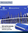 Heavy Duty Punch and Chisel Kit, 16-Piece Set with Pouch displayed and rolled for easy storage