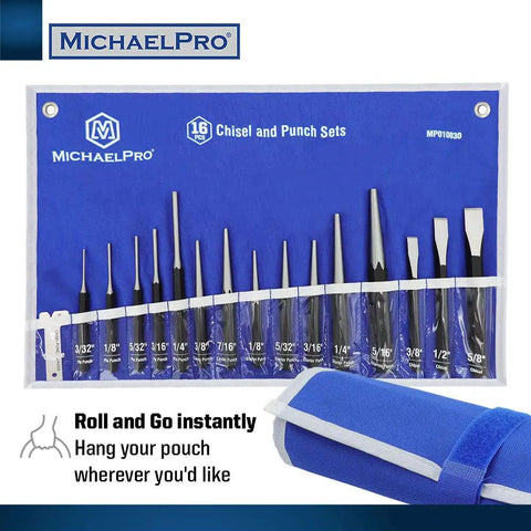 Heavy Duty Punch and Chisel Kit, 16-Piece Set with Pouch displayed and rolled for easy storage