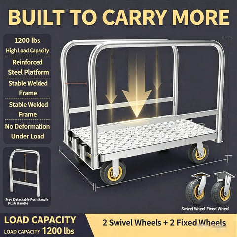 Heavy Duty Steel Platform Hand Truck With 1200 Lbs Capacity Detachable Handle Flatbed Dolly Cart 6 Inch Silent Wheels 2 Swivel 2 Fixed Casters Industrial Warehouse Trolley For Garage Factory And Shop Use 90cm By 60cm, steel platform and wheels