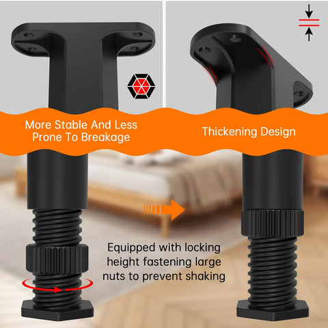 No Sweat Adjustable Bed Frame Support Legs With Swivel Base For Leveling Uneven Floors showing thickened adjustable design and locking mechanism.