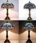 Tiffany Style Dragonfly Blue Stained Glass Table Lamp For Desk And Bedside Reading Light With Antique Green Bronze Base Delivers A Cozy Vibe And Soft Warm Glow For Living Room Bedroom Or Home Office Decor, showing intricate stained glass shade and sturdy bronze base