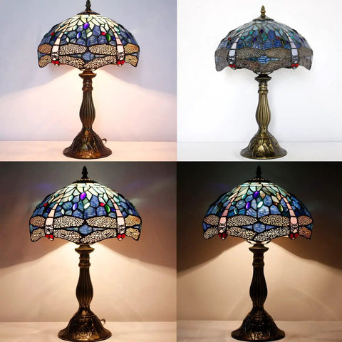 Tiffany Style Dragonfly Blue Stained Glass Table Lamp For Desk And Bedside Reading Light With Antique Green Bronze Base Delivers A Cozy Vibe And Soft Warm Glow For Living Room Bedroom Or Home Office Decor, showing intricate stained glass shade and sturdy bronze base