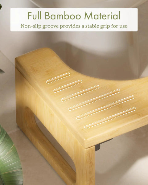 Close-up of 7 Inch Bamboo Toilet Stool for Adults, Foldable Squat Potty for Bathroom, 0.79 Inch Thick, Non Slip Grip.