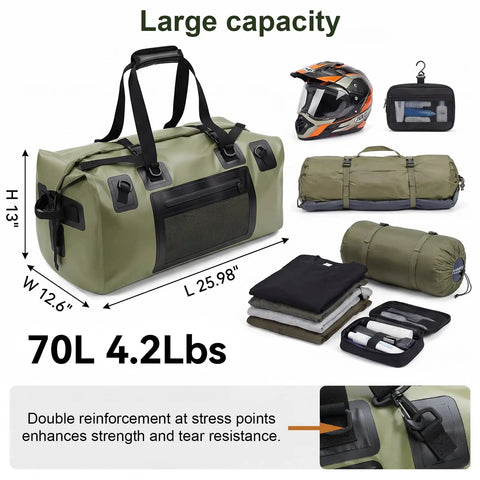 Heavy Duty 70L Roll Top Waterproof Duffel Bag For Kayaking, Rafting, Camping, And Motorcycle Rides With Beefed Up Straps on display