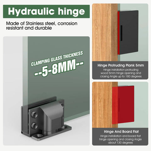 Heavy Duty 304 Stainless Steel Glass Cabinet Door Hinges For 5 To 8 mm Panes Slick Black Finish shown with hydraulic installation details.