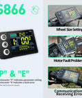 S866 display screen showing settings and error messages for Knockout Electric Bike Brushless Controller 40 Amp Sine Wave With Cs866 Throttle For 1600W 2000W Motors Featuring Self Learning Hall Sensors Straight Fire Wiring And Dope Smooth Acceleration.