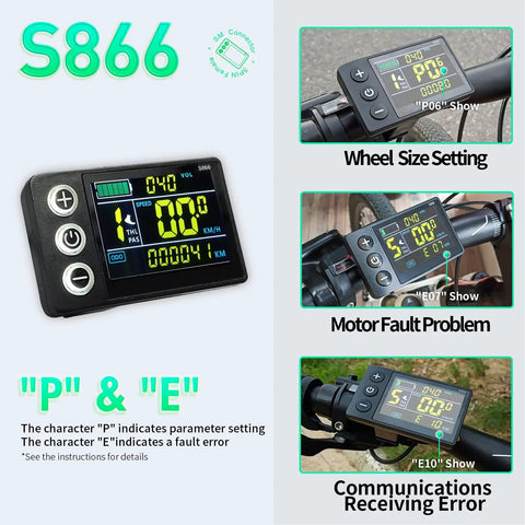 S866 display screen showing settings and error messages for Knockout Electric Bike Brushless Controller 40 Amp Sine Wave With Cs866 Throttle For 1600W 2000W Motors Featuring Self Learning Hall Sensors Straight Fire Wiring And Dope Smooth Acceleration.