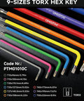 Extra Long Torx Hex Key Set T10 T50 With Color Coded Ball End Wrenches on black background with sizes shown