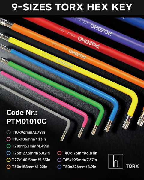 Extra Long Torx Hex Key Set T10 T50 With Color Coded Ball End Wrenches on black background with sizes shown