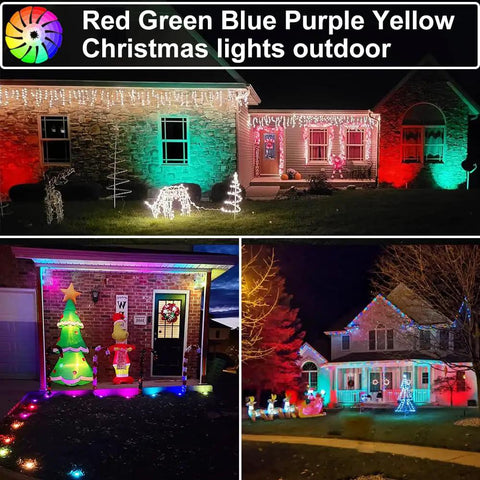 Outdoor 24W RGB Landscape Lights illuminating a yard with colorful Christmas decorations and house lighting