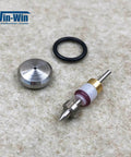 Waterjet on/off valve repair kit components: metal valve stem with brass collar, white plastic spacer, black O-ring, cap