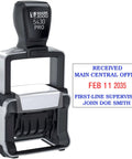 Top Shelf Self Inking Date Stamp With Custom Text And Up To Four Lines For Real Bosses Who Want Legit Office Gear That Runs Through 2033 With Dope Reusable Ink Pad For Zero Hassle Stamping - black and silver stamp showing custom imprint.