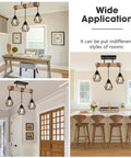 Rustic Farmhouse Pendant Light Fixtures Featuring Real Solid Wood And Sleek Black Metal Shades over dining table in stylish kitchen setting.