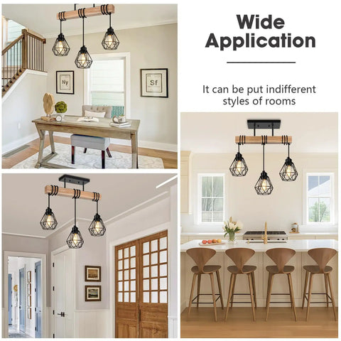 Rustic Farmhouse Pendant Light Fixtures Featuring Real Solid Wood And Sleek Black Metal Shades over dining table in stylish kitchen setting.