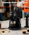 Compact 4 Cup Espresso Maker With Milk Frother For Cappuccino And Latte Fast 800W Heating System Easy To Use Home Espresso Machine 3.5 Bar Boiler Black Great For Busy Mornings on kitchen counter making coffee