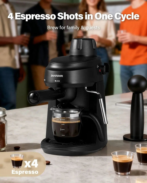 Compact 4 Cup Espresso Maker With Milk Frother For Cappuccino And Latte Fast 800W Heating System Easy To Use Home Espresso Machine 3.5 Bar Boiler Black Great For Busy Mornings on kitchen counter making coffee